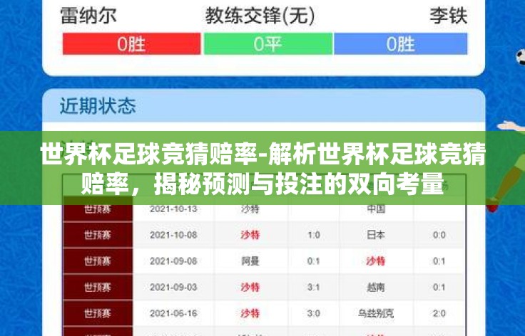 世界杯足球竞猜赔率-解析世界杯足球竞猜赔率,揭秘预测与投注的双向考量 世界杯足球竞猜赔率-解析世界杯足球竞猜赔率,揭秘预测与投注的双向考量