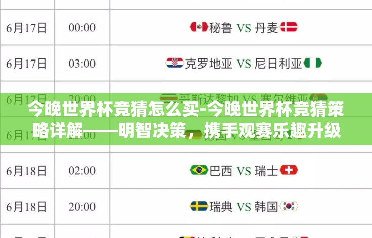 今晚世界杯竞猜怎么买-今晚世界杯竞猜策略详解——明智决策，携手观赛乐趣升级